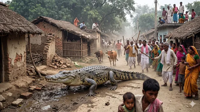 अचानक मगरमच्छ के घुसने से पूरे गांव में फैली दहशत, सुरक्षित रेस्क्यू का इंतजार